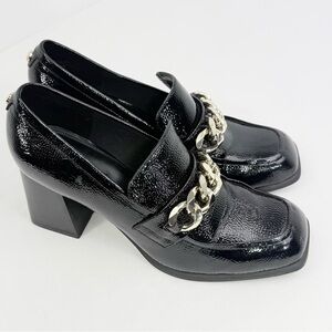 Nine West ZYNGA Black Patent Leather Gold Tone Chain Block Heel Pump Loafers